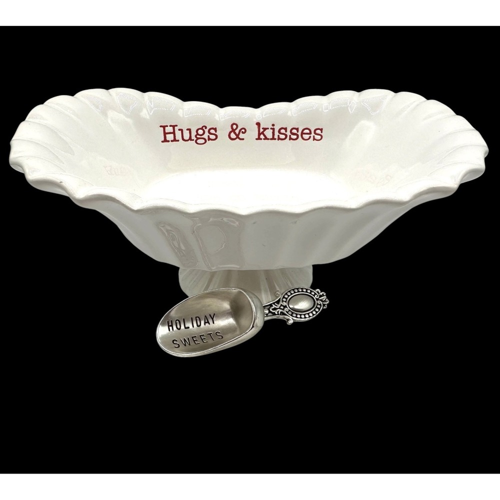 Mud Pie Ceramic Candy Dish "Hugs & Kisses" & Silver Scoop "Holiday Sweets" NEW